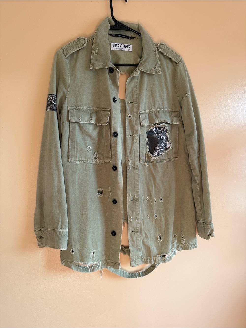 Zara Olive Green Distressed Military-Style Jean Jacket with Bandana Patch